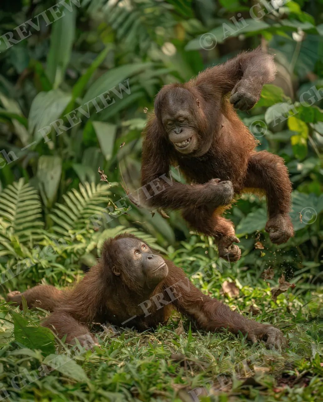 Best Frenemies — Airborne — Bornean orangutan artwork by Ali Ghazizadeh