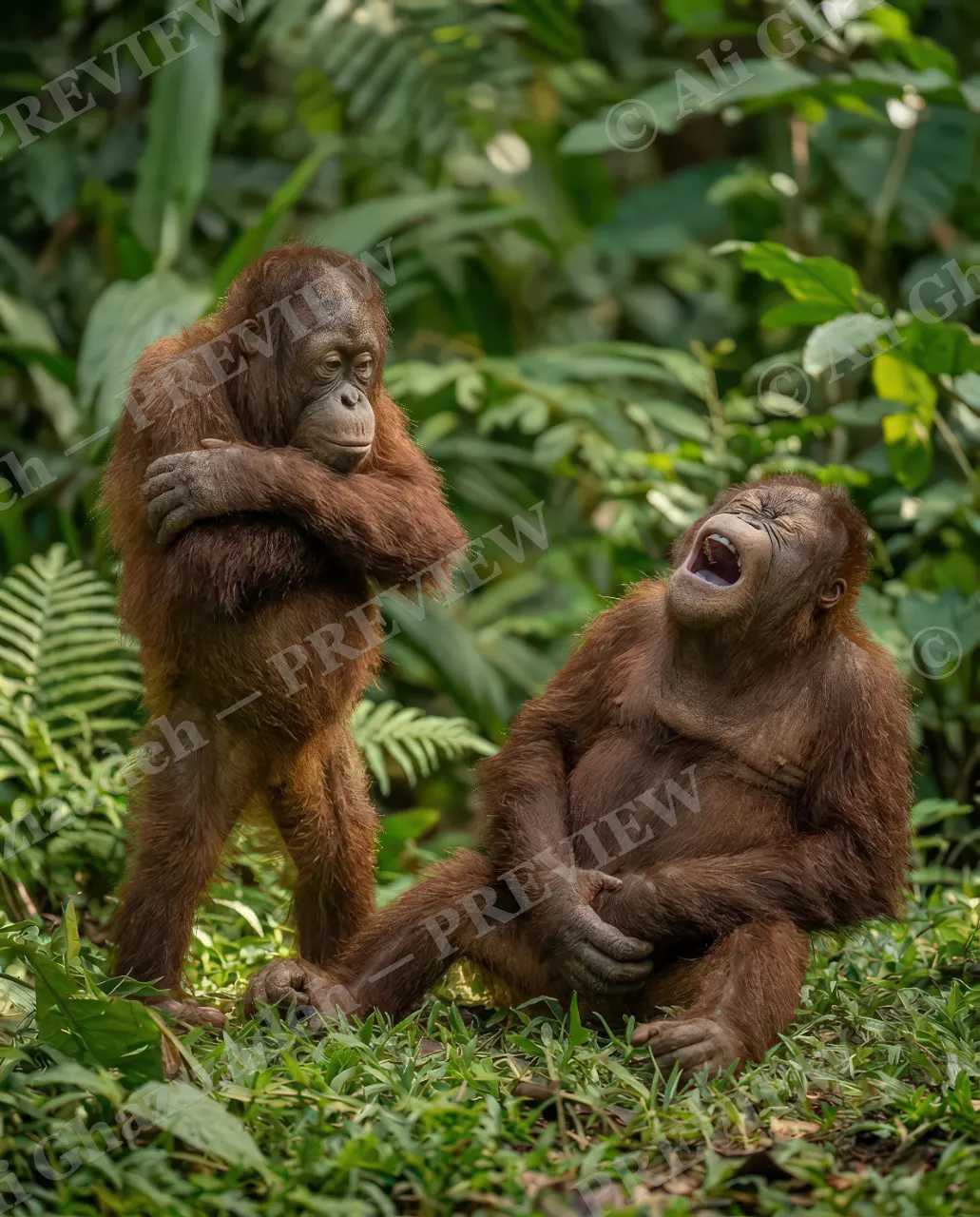 Best Frenemies — Not Amused — Bornean orangutan artwork by Ali Ghazizadeh