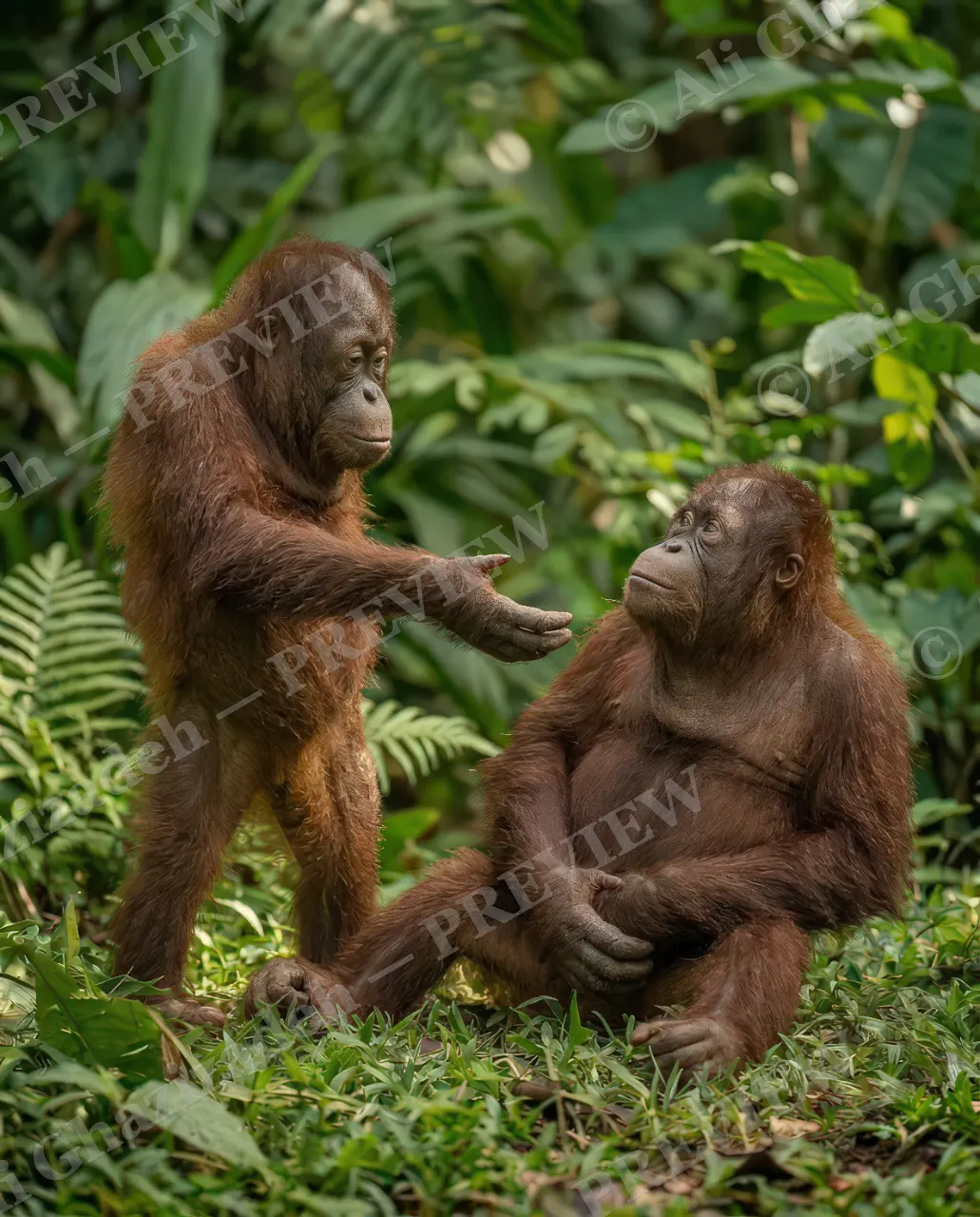 Best Frenemies — Peace Offering — Bornean orangutan artwork by Ali Ghazizadeh