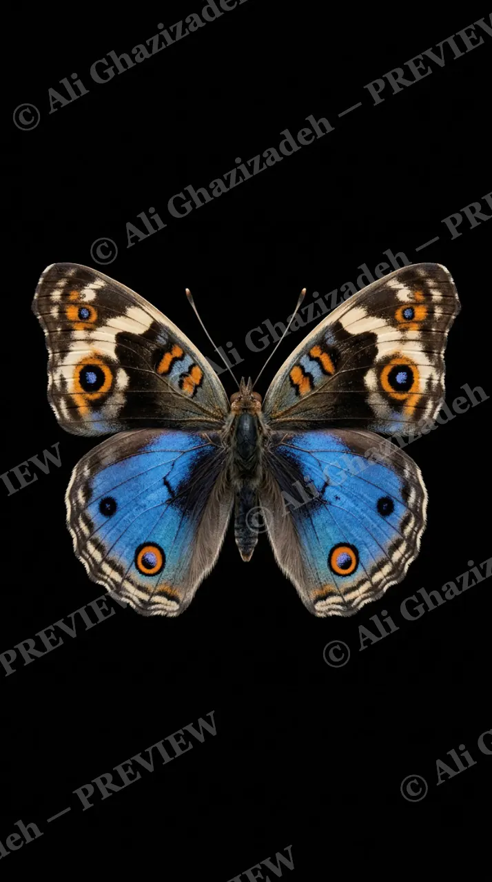 Cabinet of Wings — Blue Pansy — Butterfly artwork by Ali Ghazizadeh