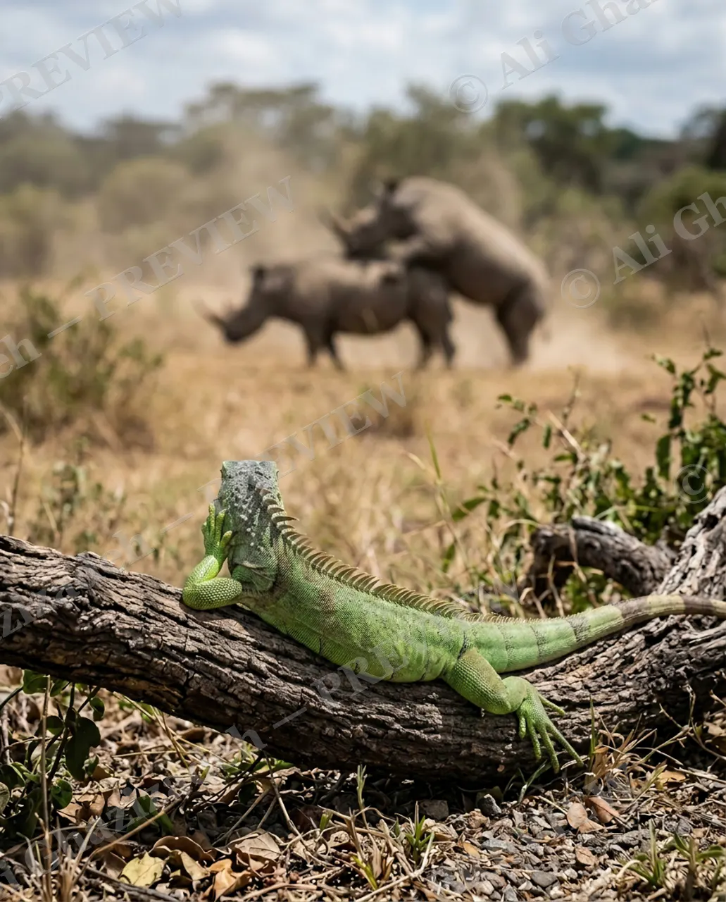 Averted Eyes — Mind Your Business — Green iguana artwork by Ali Ghazizadeh