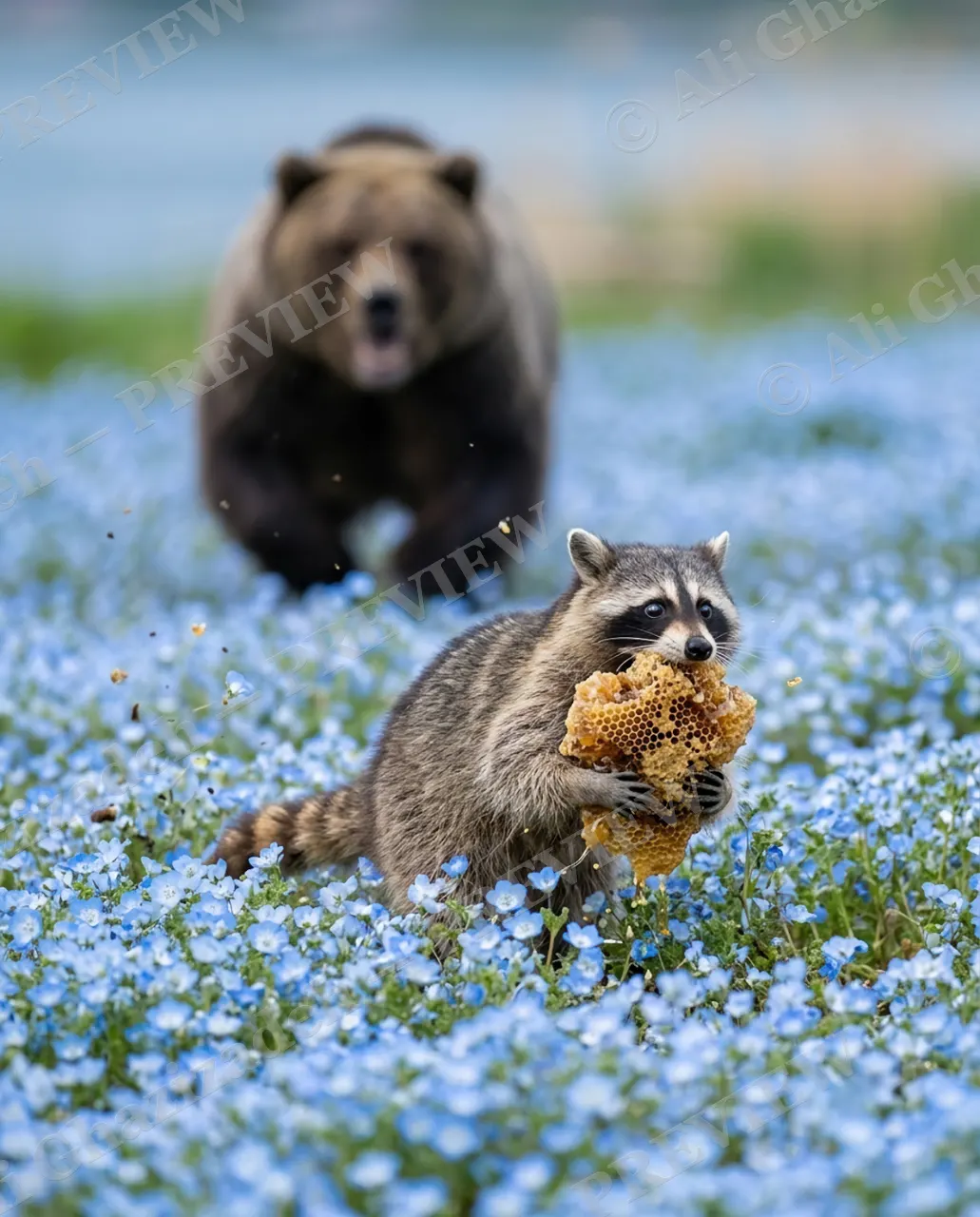 Caught Red-Pawed — The Getaway — Raccoon artwork by Ali Ghazizadeh