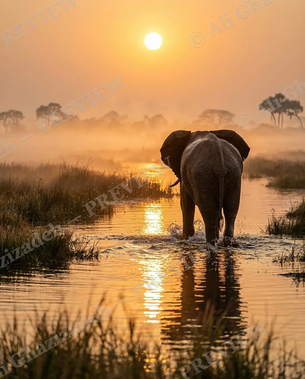 Crowned at Dawn — Walking Into the Mist — African bush elephant artwork by Ali Ghazizadeh