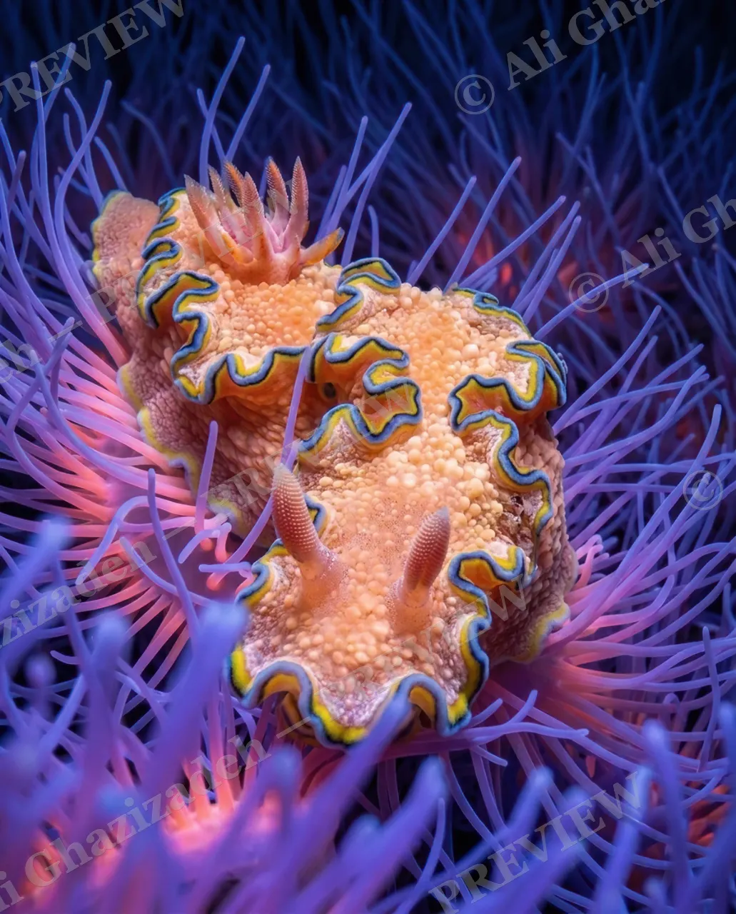 Crowned in Violet — Bloom Among the Tentacles — Nudibranch artwork by Ali Ghazizadeh