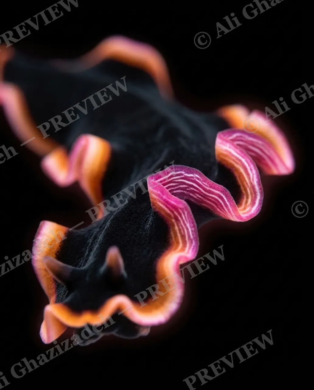 Dressed to Frill — Zebra Stripes, Orange Trim — Marine flatworm artwork by Ali Ghazizadeh