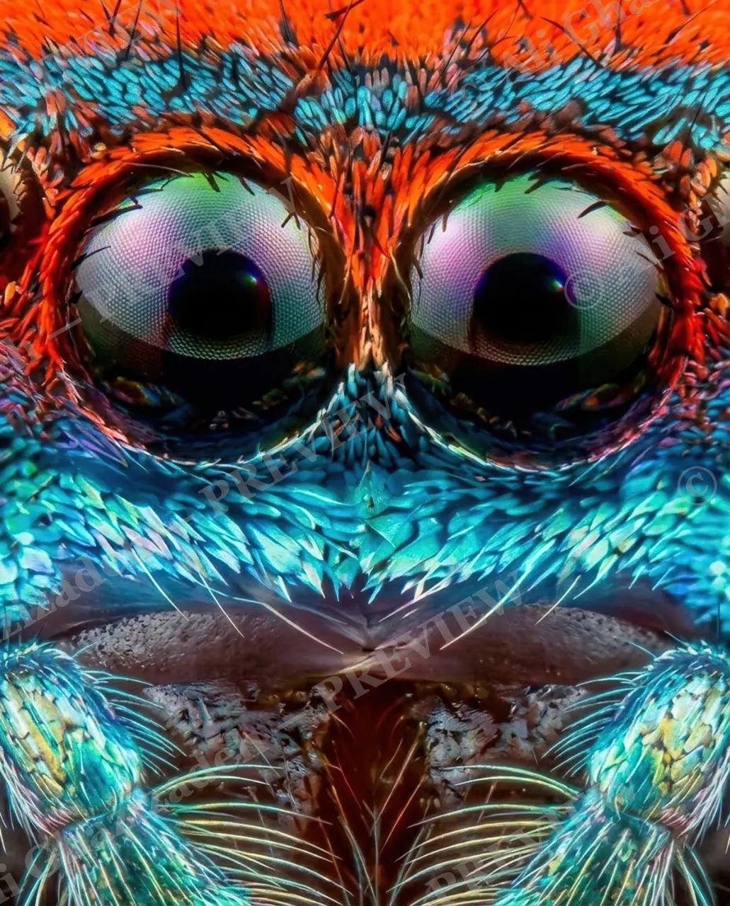 Eight Jewels — Eye to Eye — Peacock spider artwork by Ali Ghazizadeh