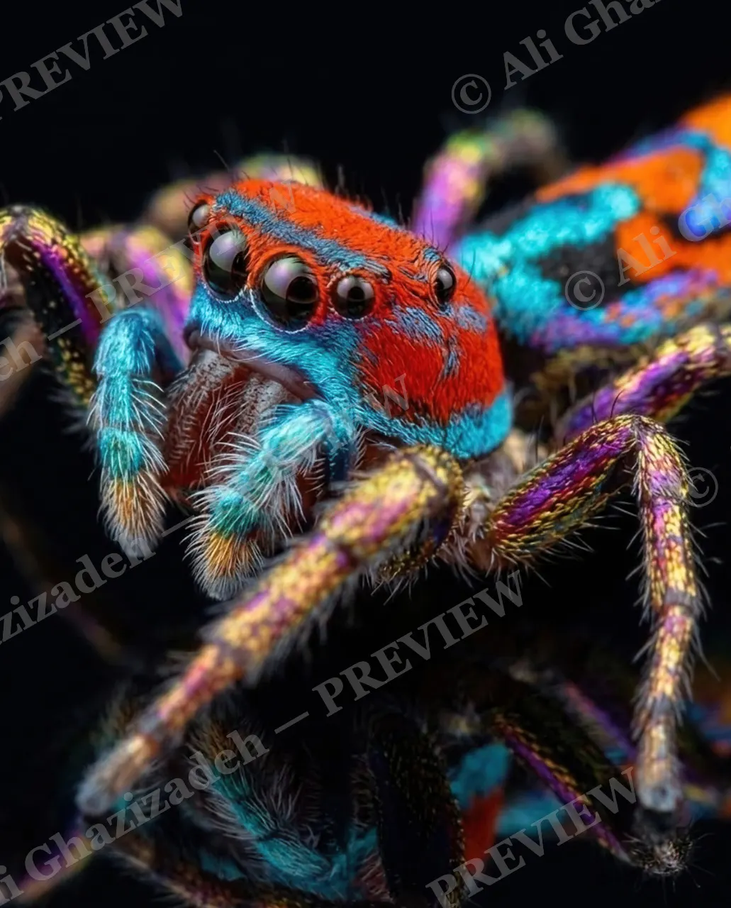 Eight Jewels — Leaning In — Peacock spider artwork by Ali Ghazizadeh