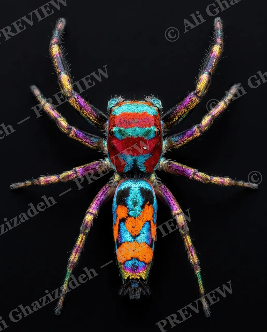 Eight Jewels — The Full Pattern — Peacock spider artwork by Ali Ghazizadeh