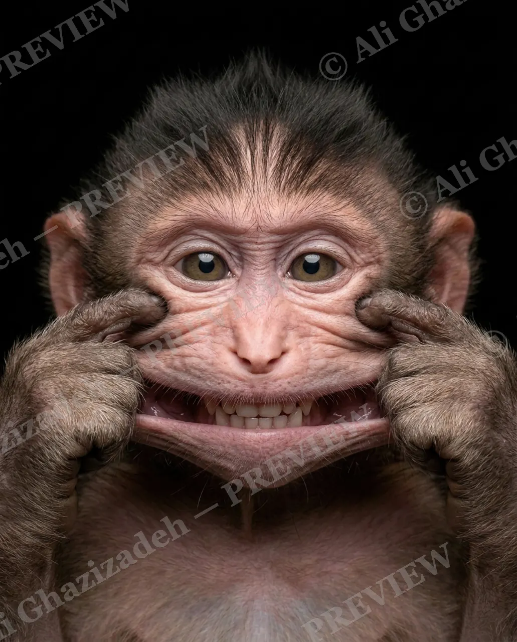 Face Value — Cheesy Grin — Macaque artwork by Ali Ghazizadeh