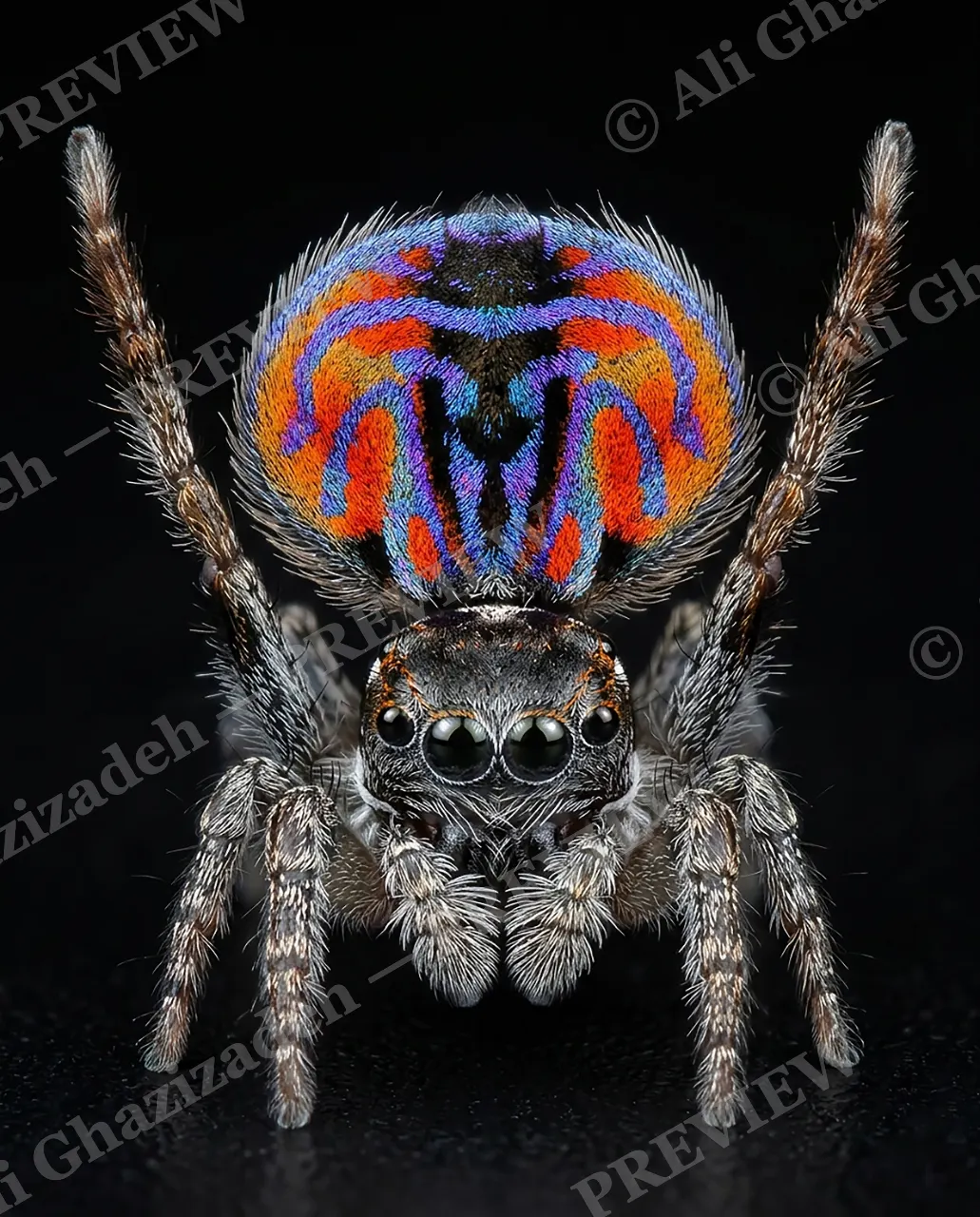 Fan Favorite — Tiger Stripes — Peacock spider artwork by Ali Ghazizadeh