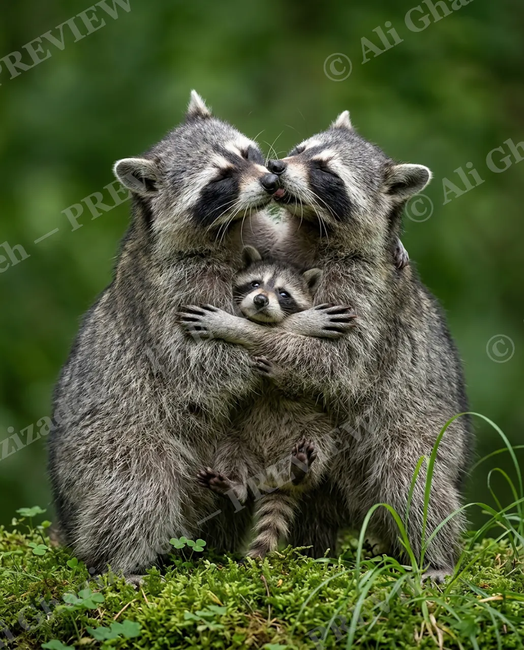 Family Huddle — Group Hug — Raccoon artwork by Ali Ghazizadeh