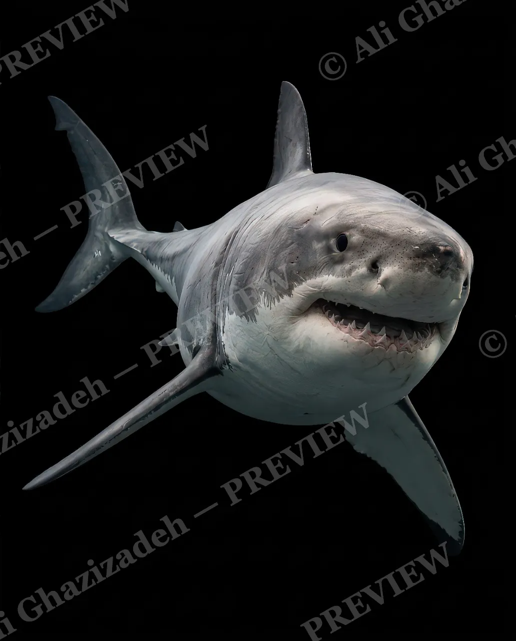 Giants of the Deep — Full Frontal — Great white shark artwork by Ali Ghazizadeh