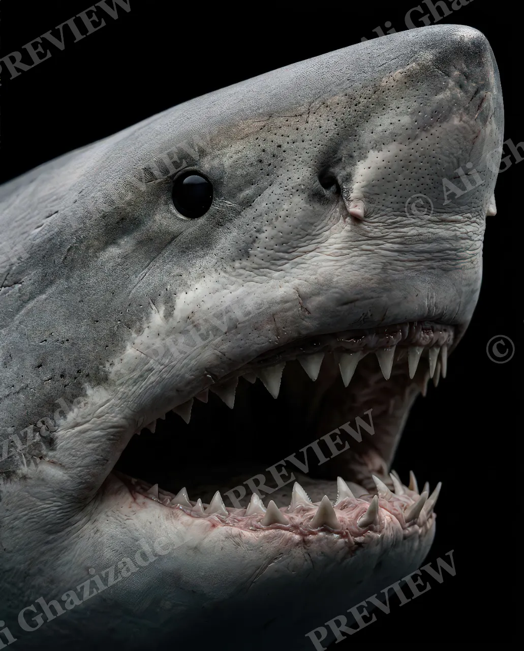 Giants of the Deep — Jaws Wide Open — Great white shark artwork by Ali Ghazizadeh