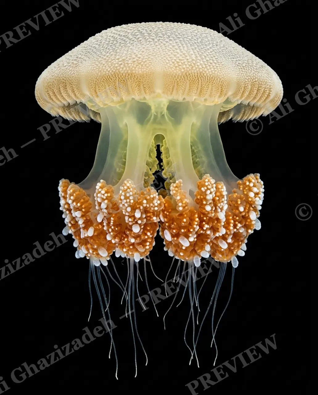 Glass Bloom — Amber Fringe — Moon jellyfish artwork by Ali Ghazizadeh