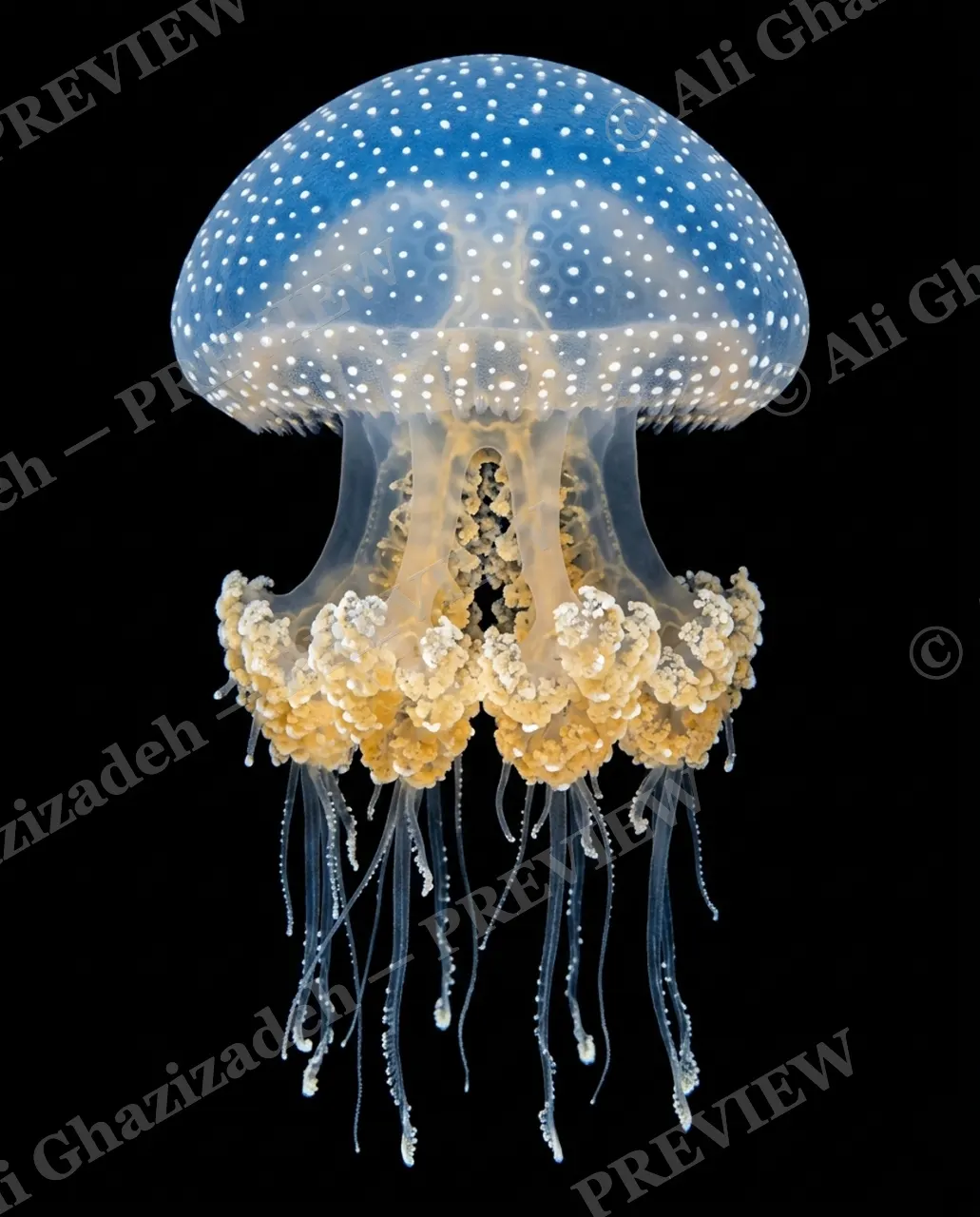 Glass Bloom — Blue Constellation — Moon jellyfish artwork by Ali Ghazizadeh