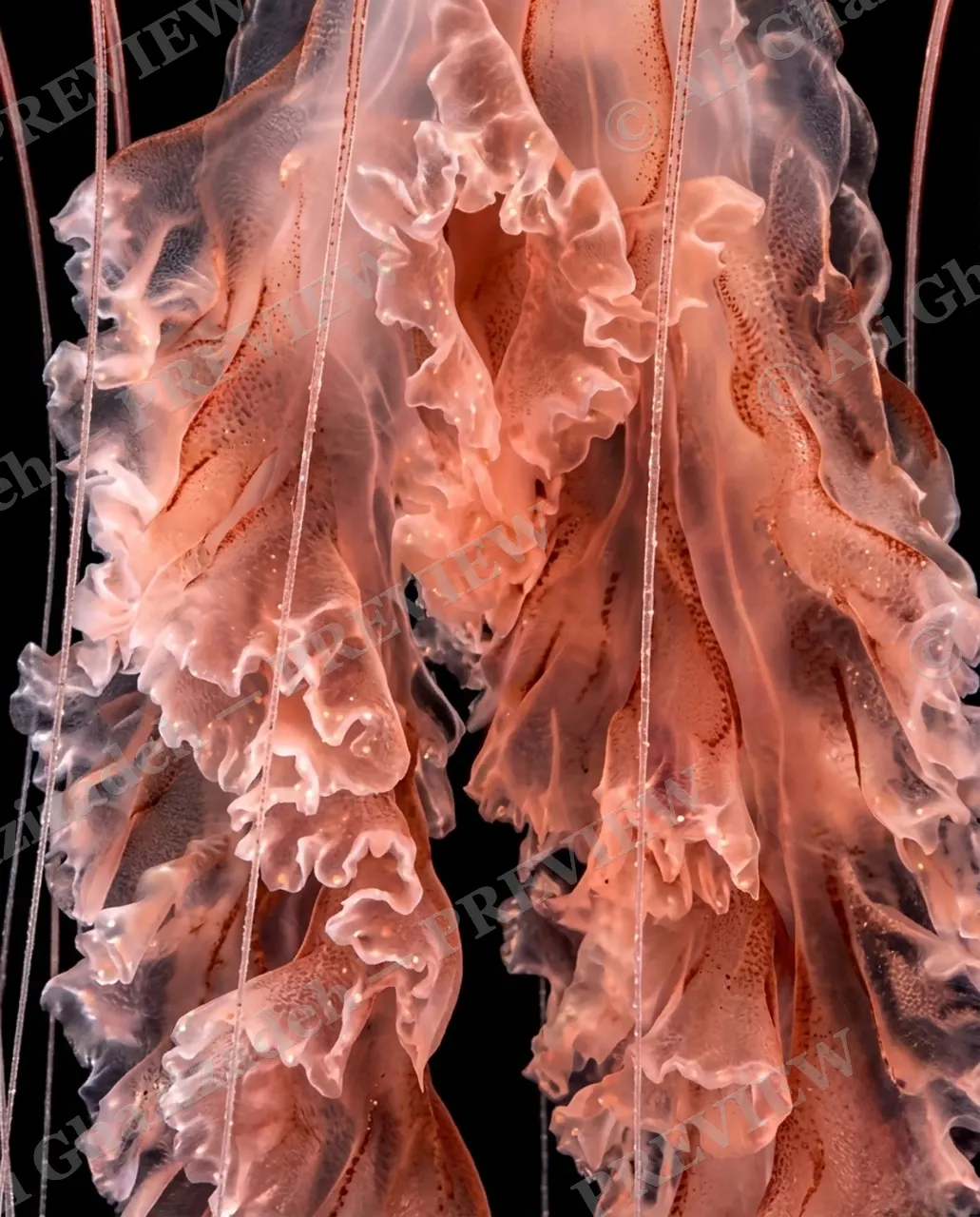Glass Bloom — Coral Silk Folds — Moon jellyfish artwork by Ali Ghazizadeh
