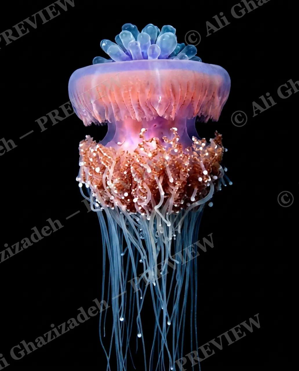 Glass Bloom — Crowned in Blue — Moon jellyfish artwork by Ali Ghazizadeh
