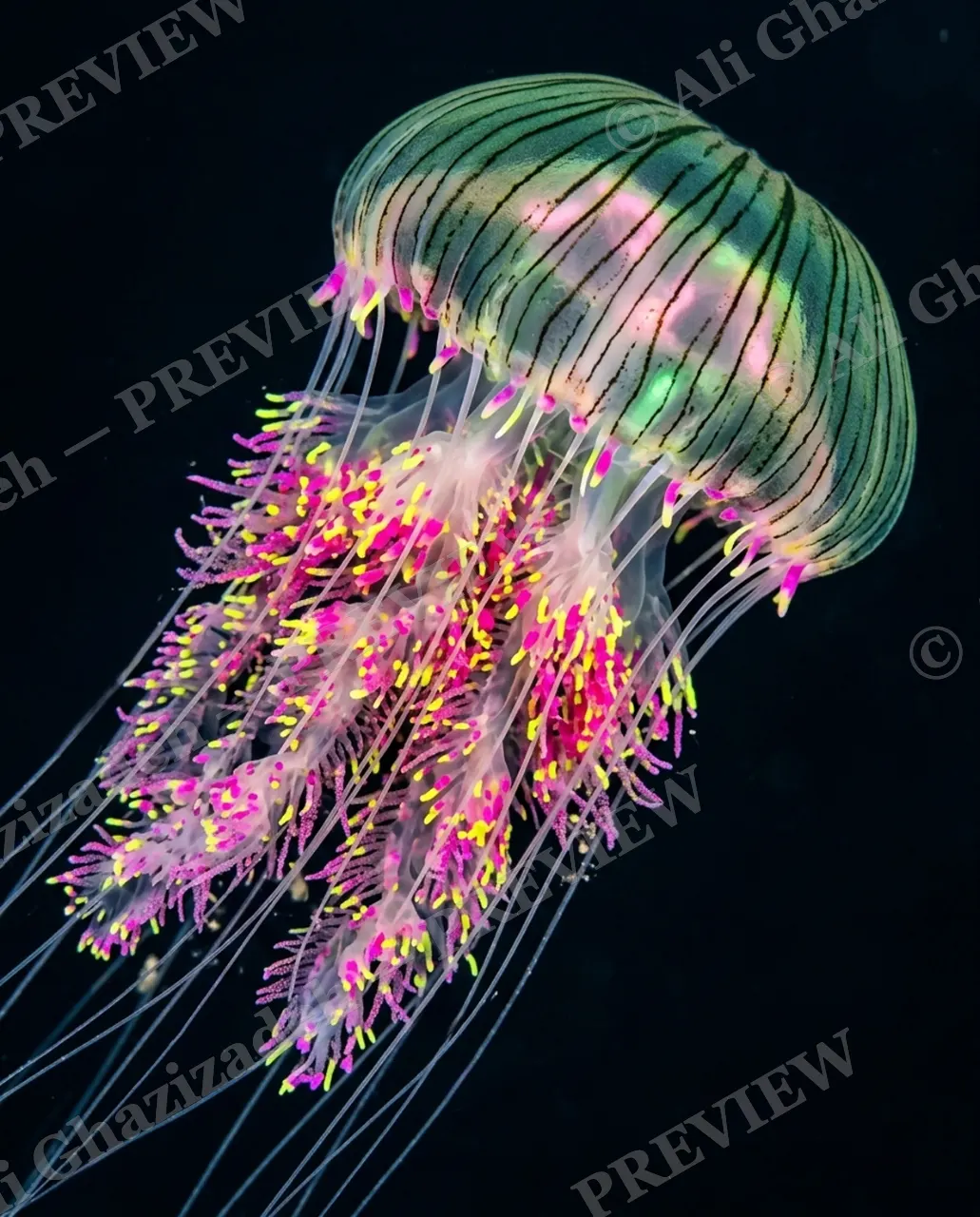 Glass Bloom — Electric Drift — Moon jellyfish artwork by Ali Ghazizadeh