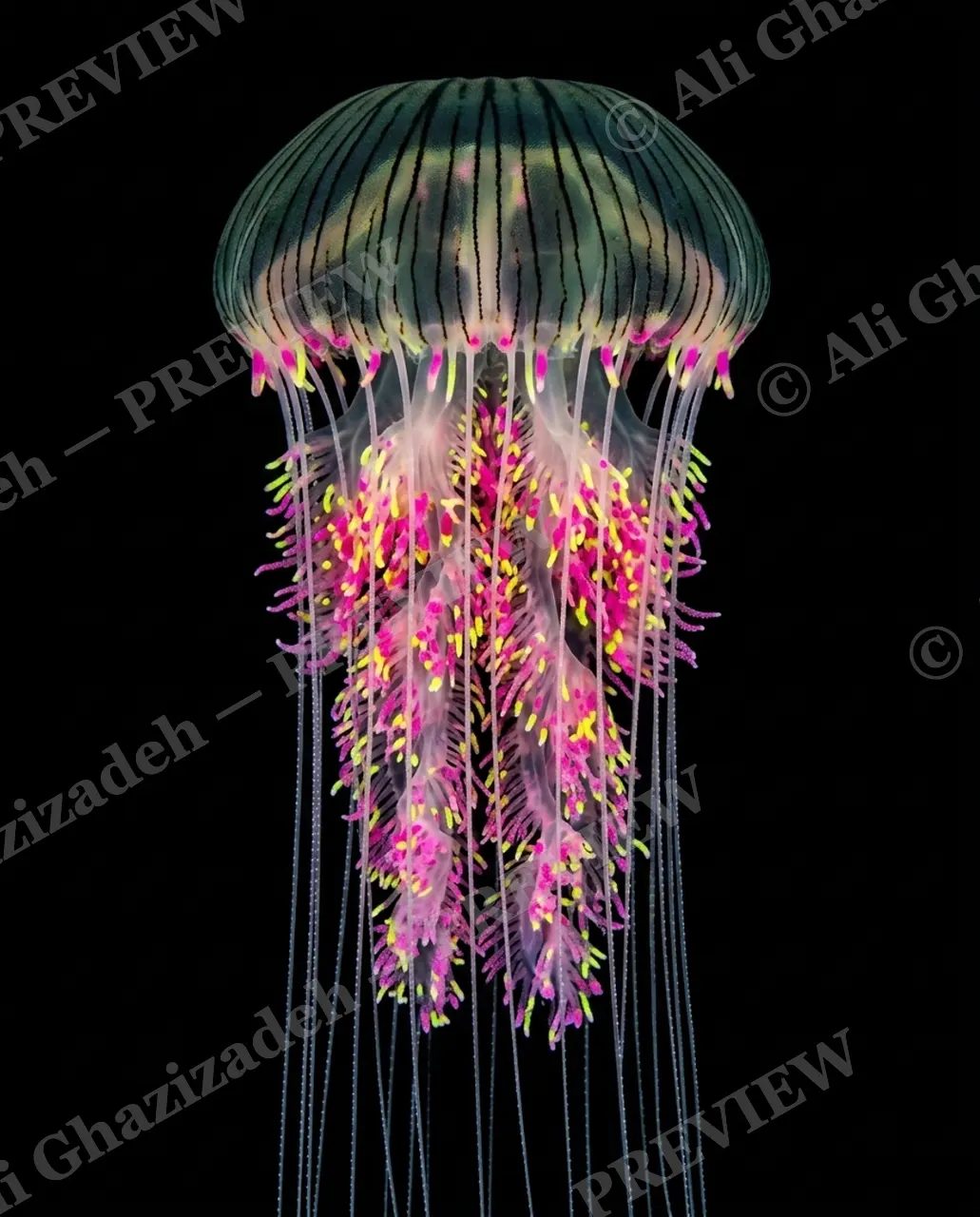 Glass Bloom — Emerald Threads — Moon jellyfish artwork by Ali Ghazizadeh