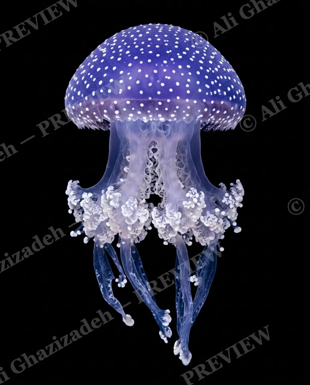 Glass Bloom — Indigo Bloom — Moon jellyfish artwork by Ali Ghazizadeh