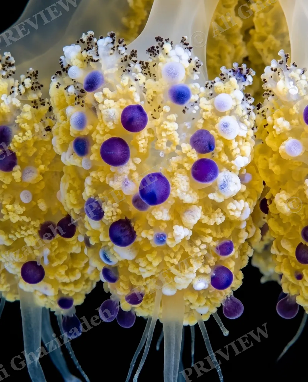 Glass Bloom — Purple Berry Cluster — Moon jellyfish artwork by Ali Ghazizadeh