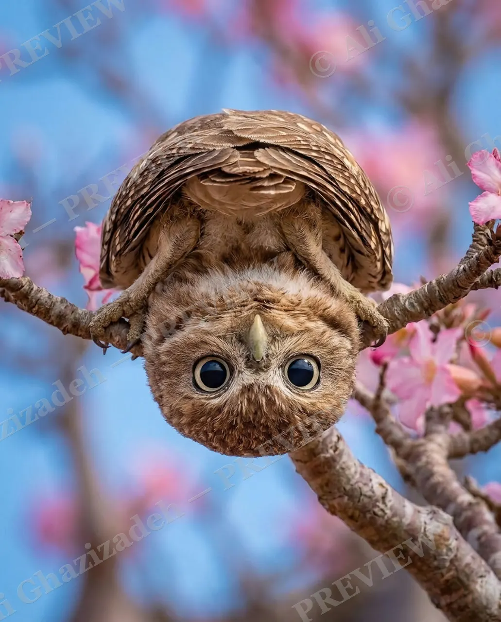 Hang Ten — Wrong Way Up — Little owl artwork by Ali Ghazizadeh