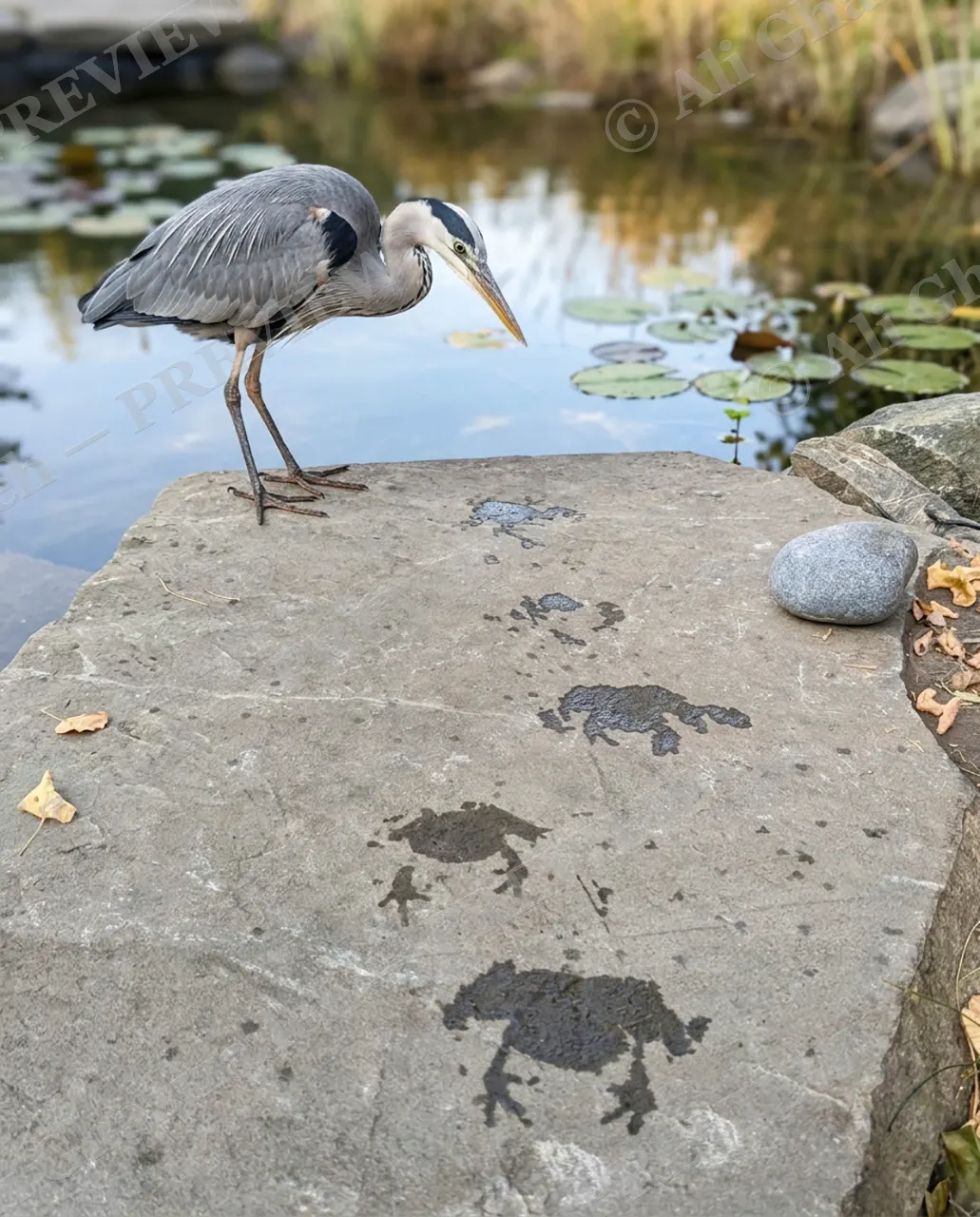 Croak and Dagger — The Frog Trail — Great blue heron artwork by Ali Ghazizadeh