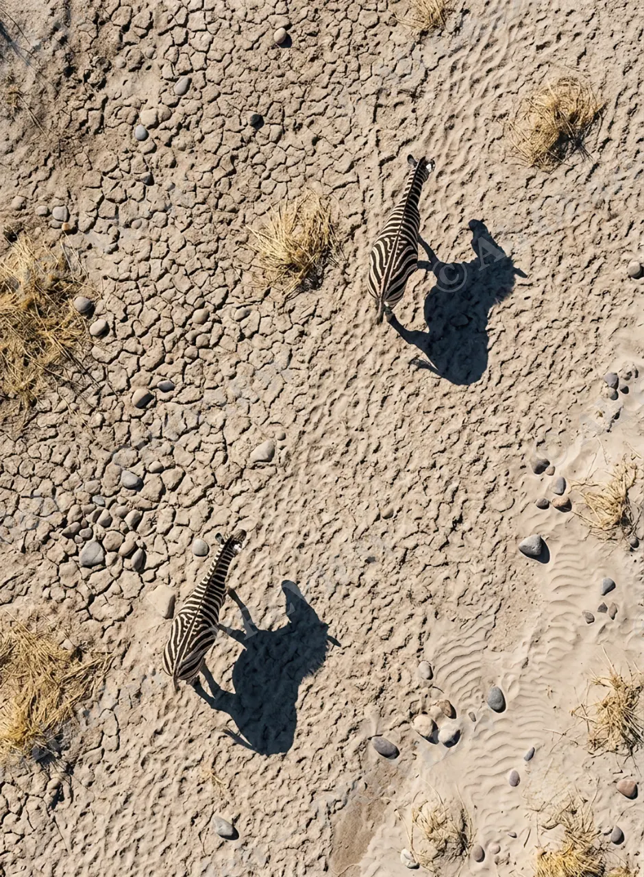 Long Story Short — Two Zebras on Dry Clay — Plains zebra artwork by Ali Ghazizadeh