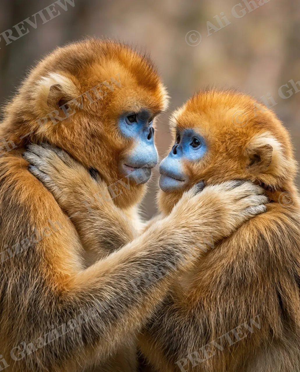 Love Bites — The Warm Embrace — Golden snub-nosed monkey artwork by Ali Ghazizadeh