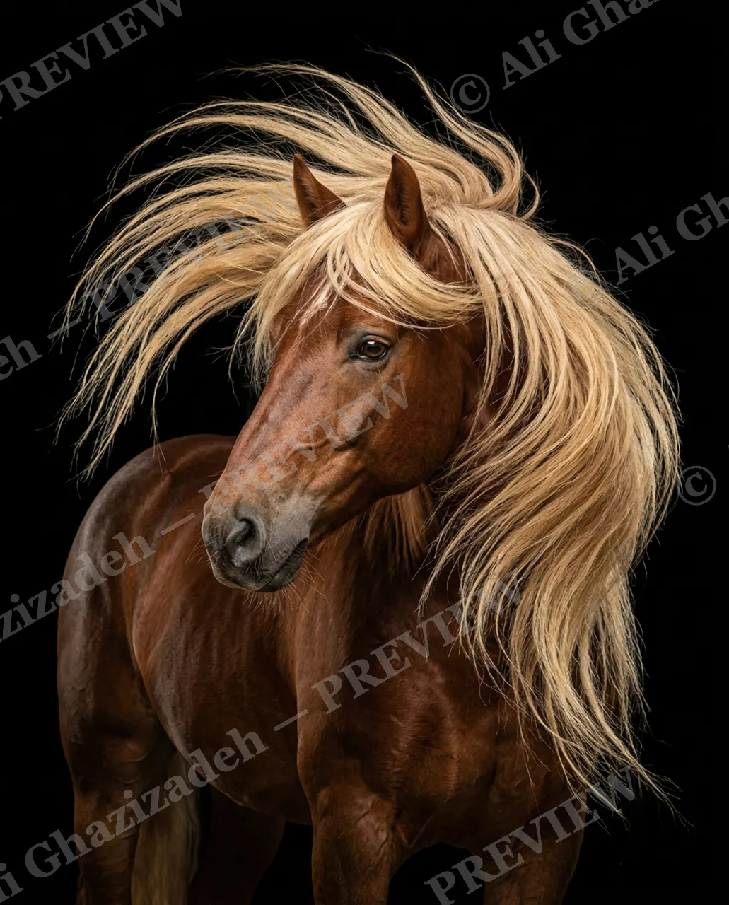 Mane Attraction — Flaxen Mane in the Wind — Horse artwork by Ali Ghazizadeh