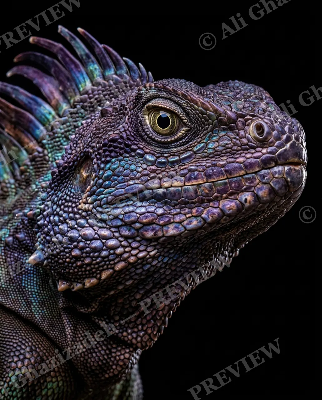 Scale of Colors — Amethyst Portrait — Green iguana artwork by Ali Ghazizadeh