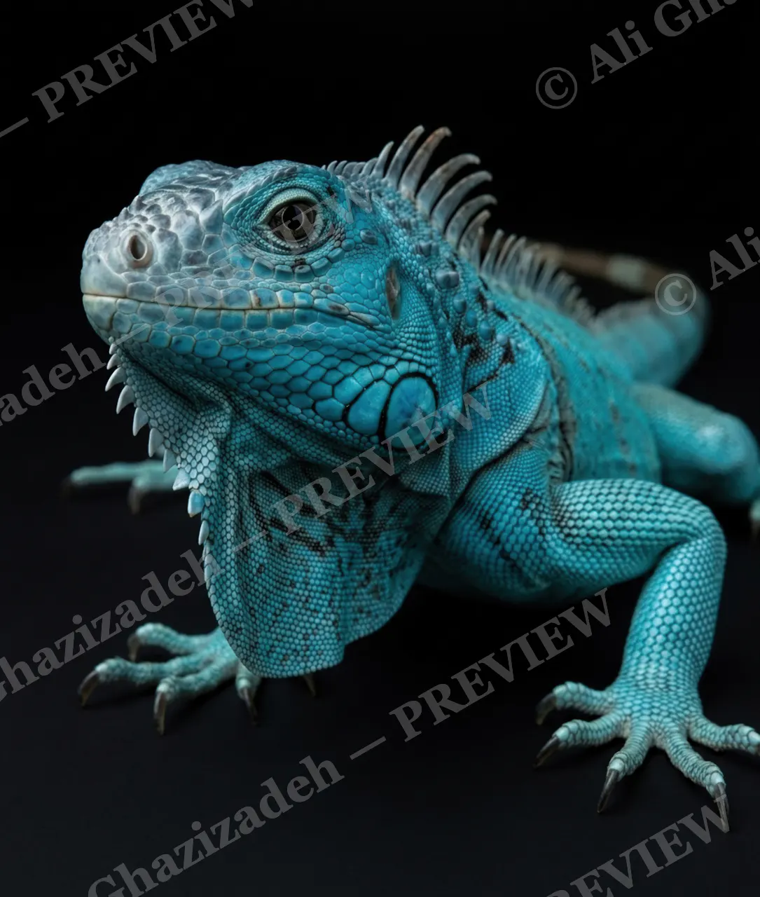 Scale of Colors — Aqua Stride — Green iguana artwork by Ali Ghazizadeh