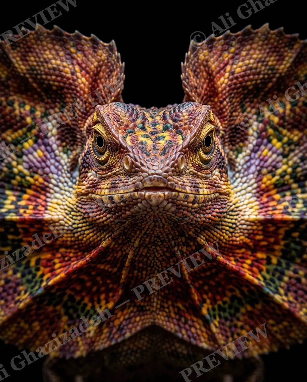 Scale of Colors — Golden Frill Display — Green iguana artwork by Ali Ghazizadeh