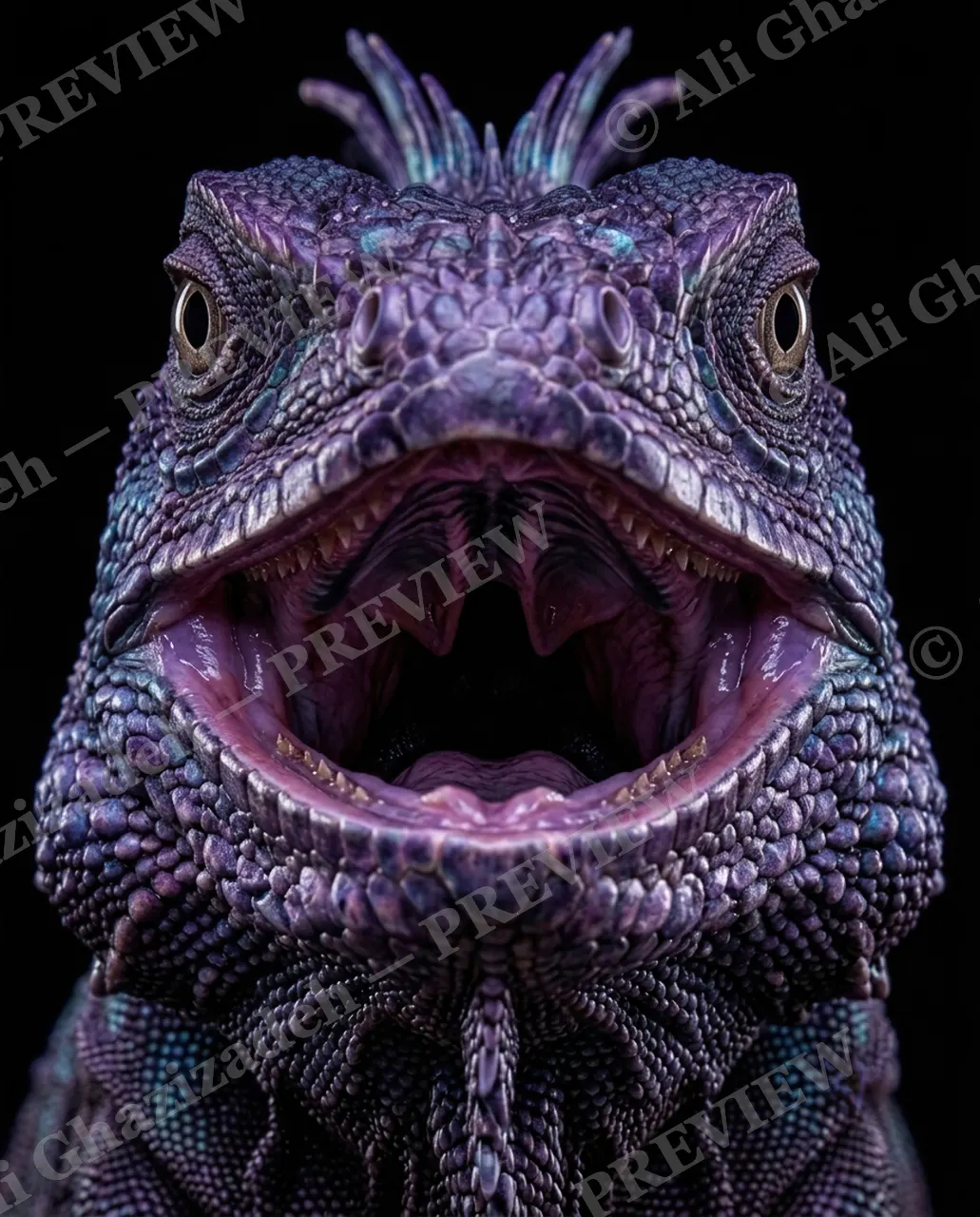 Scale of Colors — Violet Roar — Green iguana artwork by Ali Ghazizadeh