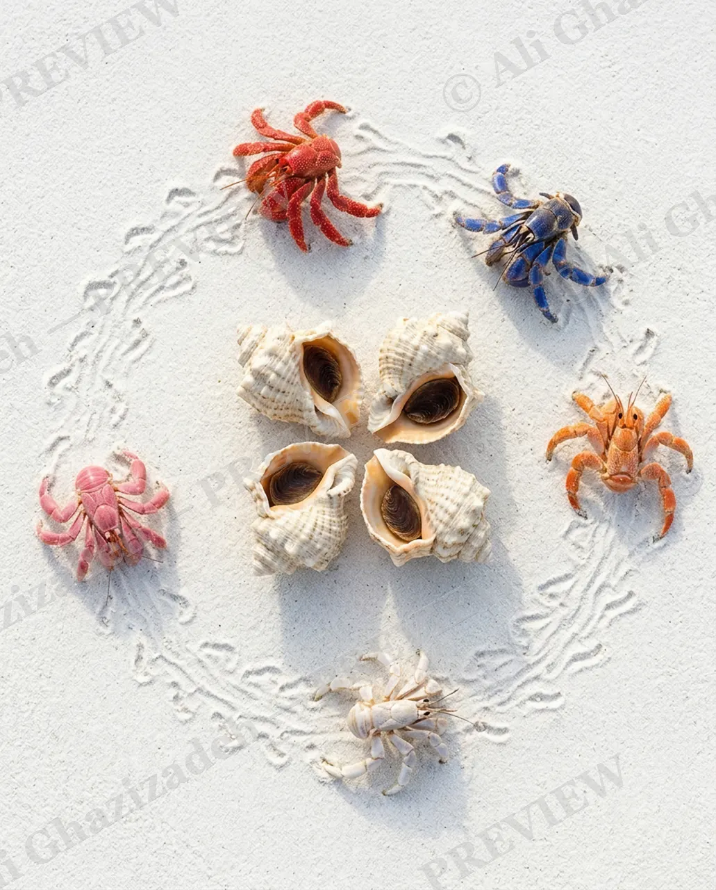 Musical Shells — Circling the Shells — Hermit crab artwork by Ali Ghazizadeh