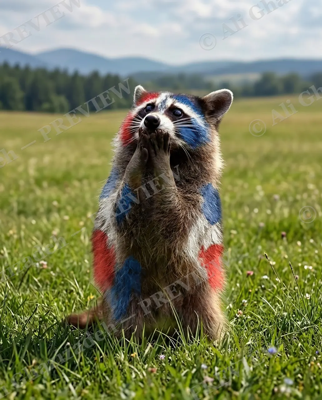 Paws Crossed — Praying in Blue — Raccoon artwork by Ali Ghazizadeh