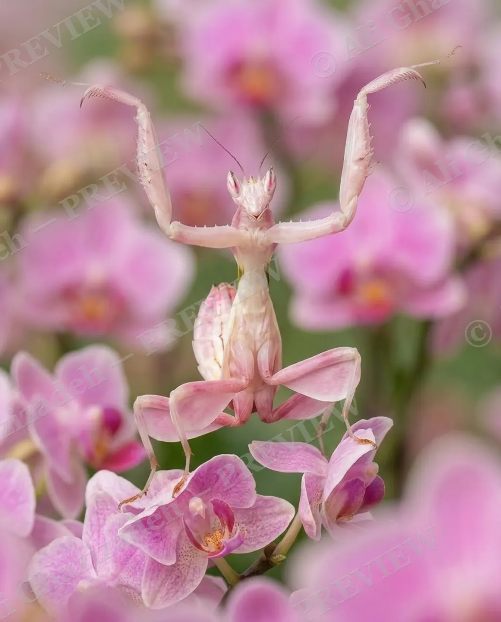Petal Perfect — Hidden in Plain Bloom — Orchid mantis artwork by Ali Ghazizadeh