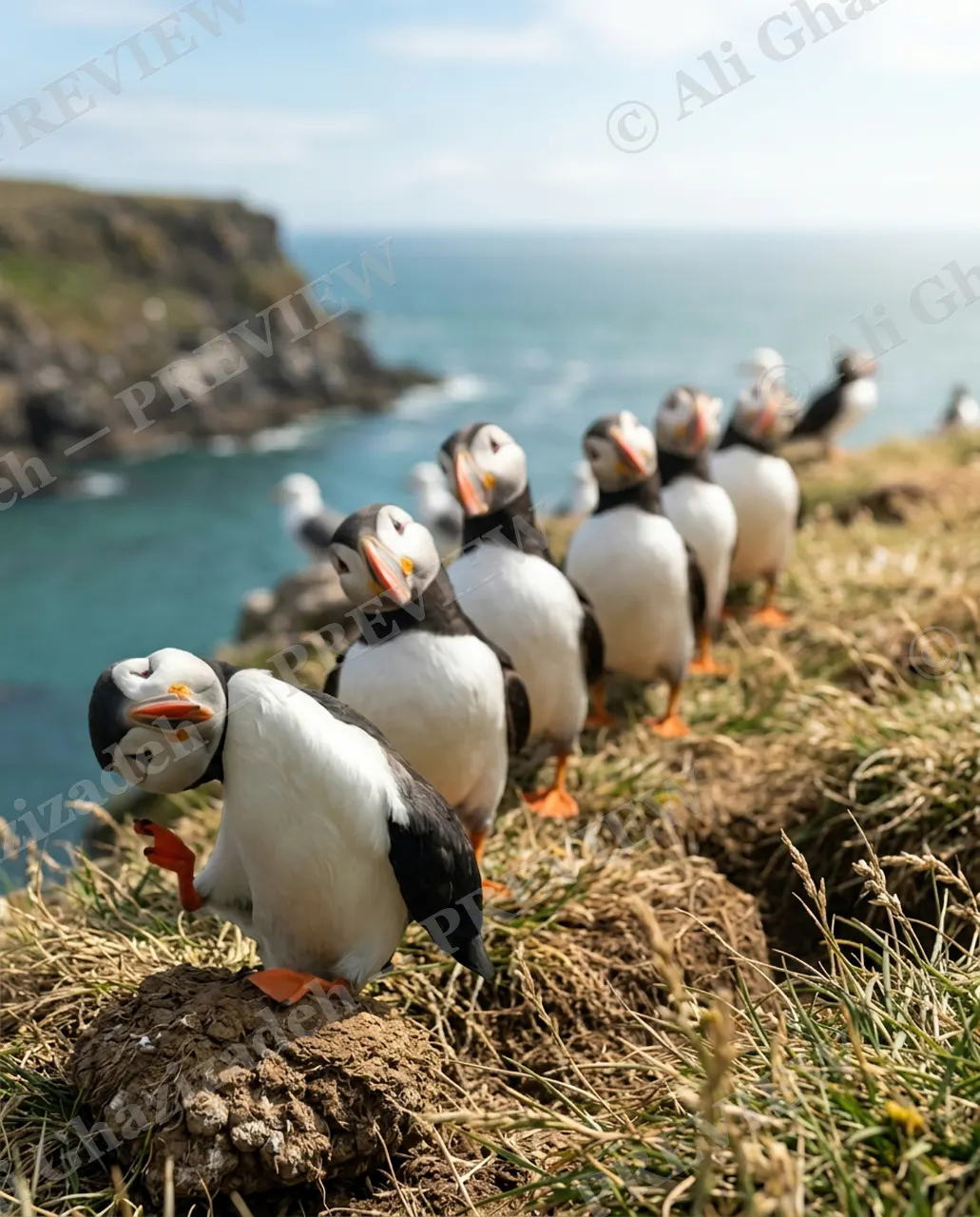 Puffin Parade — Leading the Line — Atlantic puffin artwork by Ali Ghazizadeh