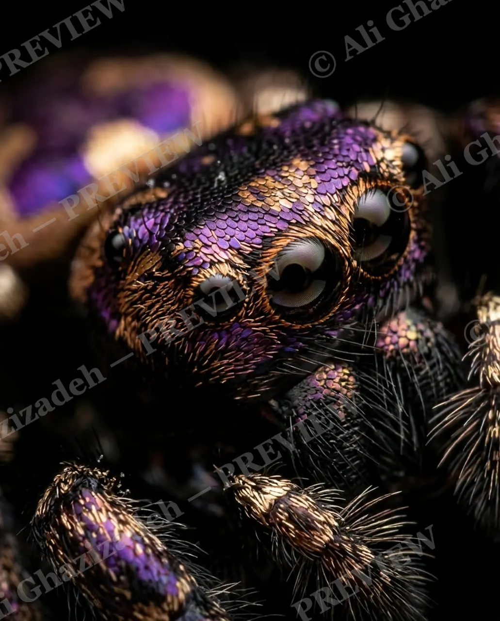 Purple Reign — Eyes in the Dark — Jumping spider artwork by Ali Ghazizadeh