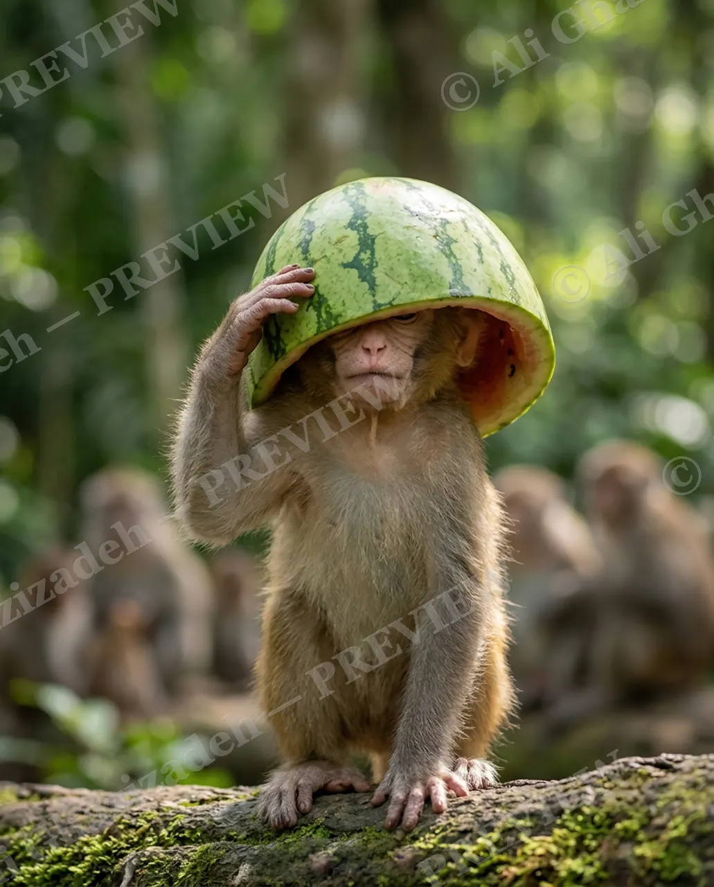 Rind of Duty — Suiting Up — Crab-eating macaque artwork by Ali Ghazizadeh