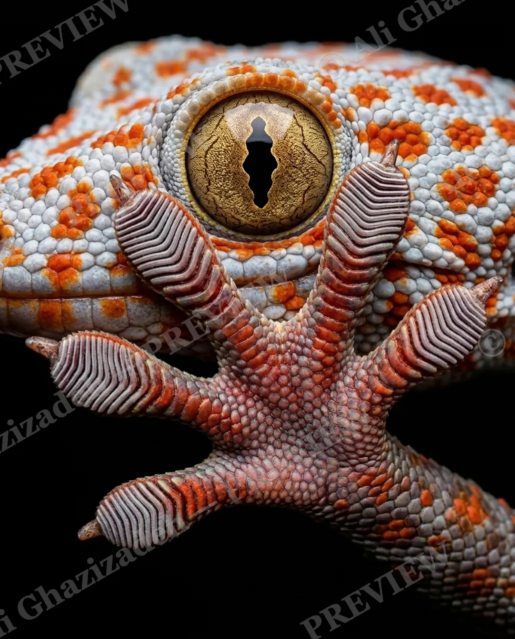 Shake on It — Gold-Eyed Grip — Tokay gecko artwork by Ali Ghazizadeh