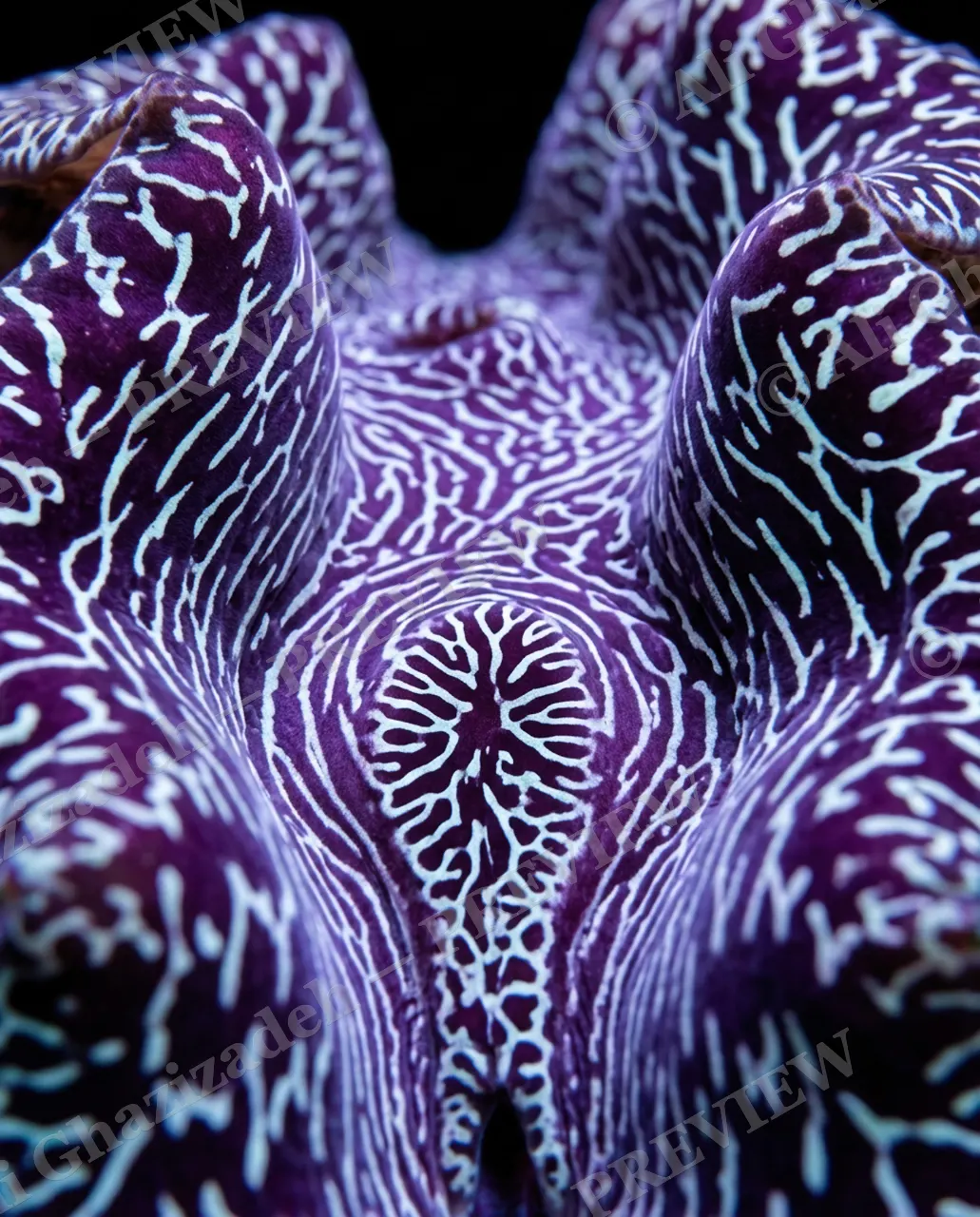 Shell Shock — Branching Violet Veins — Giant clam artwork by Ali Ghazizadeh
