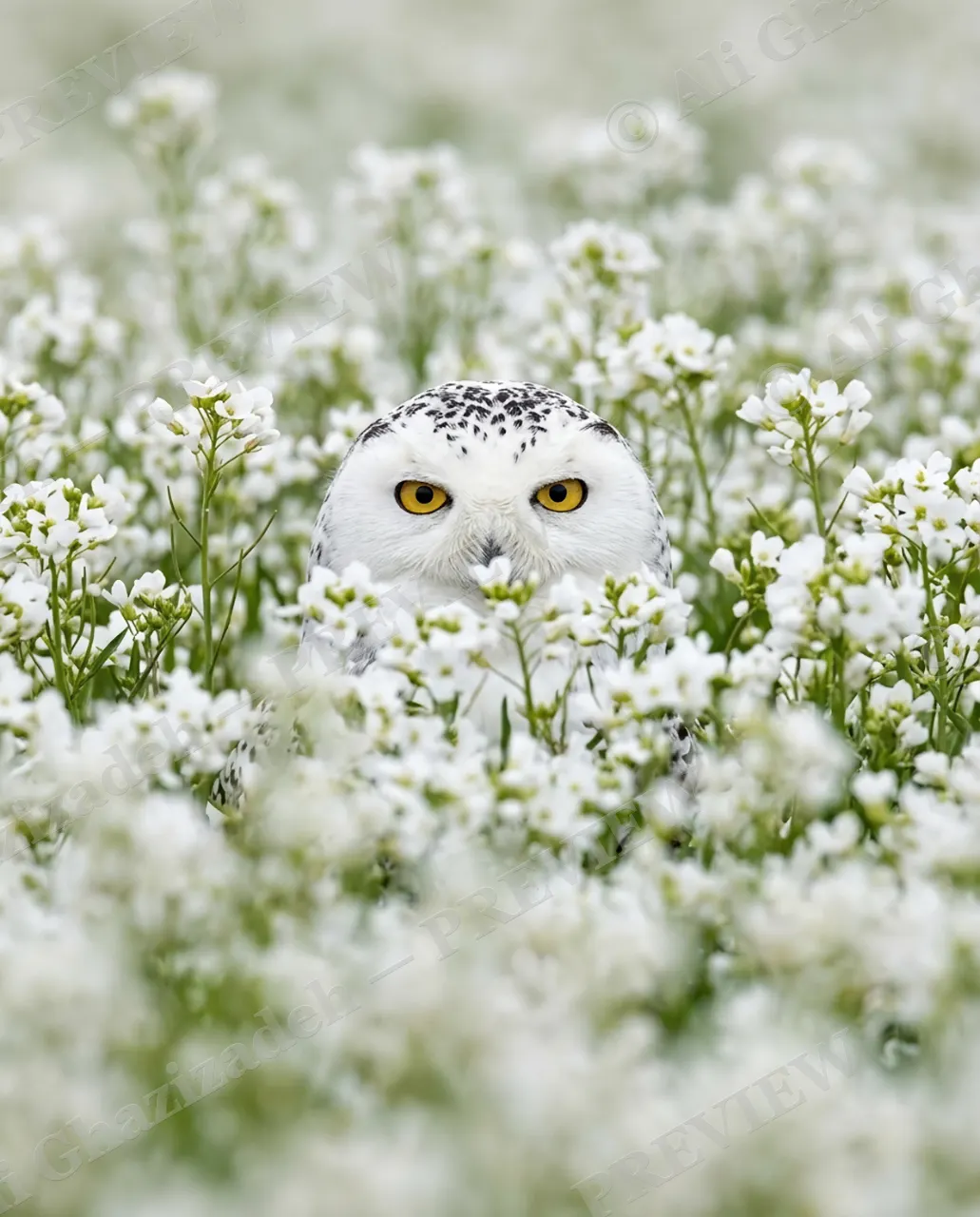Snow Cover — Hidden in the Blossoms — Snowy owl artwork by Ali Ghazizadeh