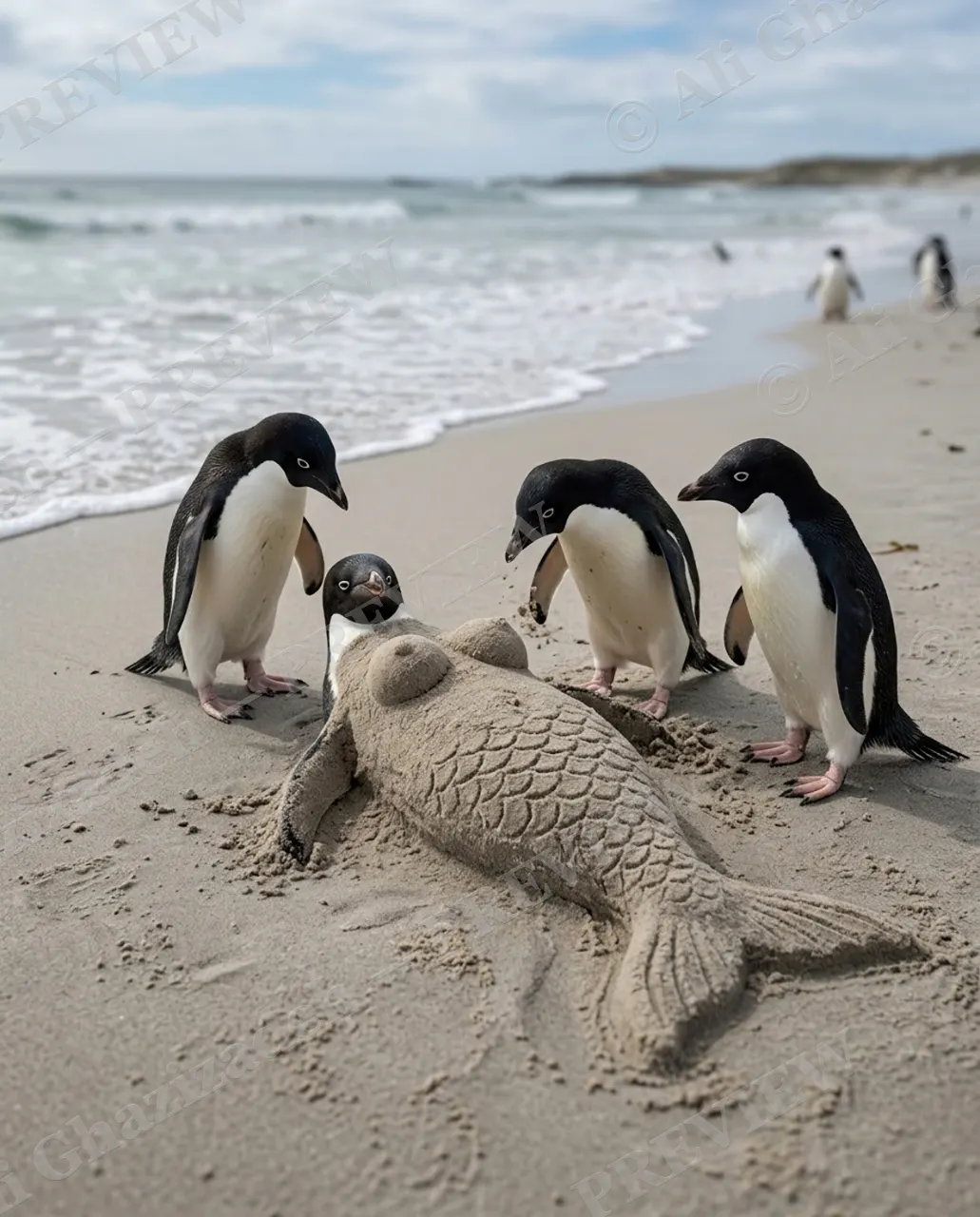 Something's Fishy — Washed Ashore — Adélie penguin artwork by Ali Ghazizadeh