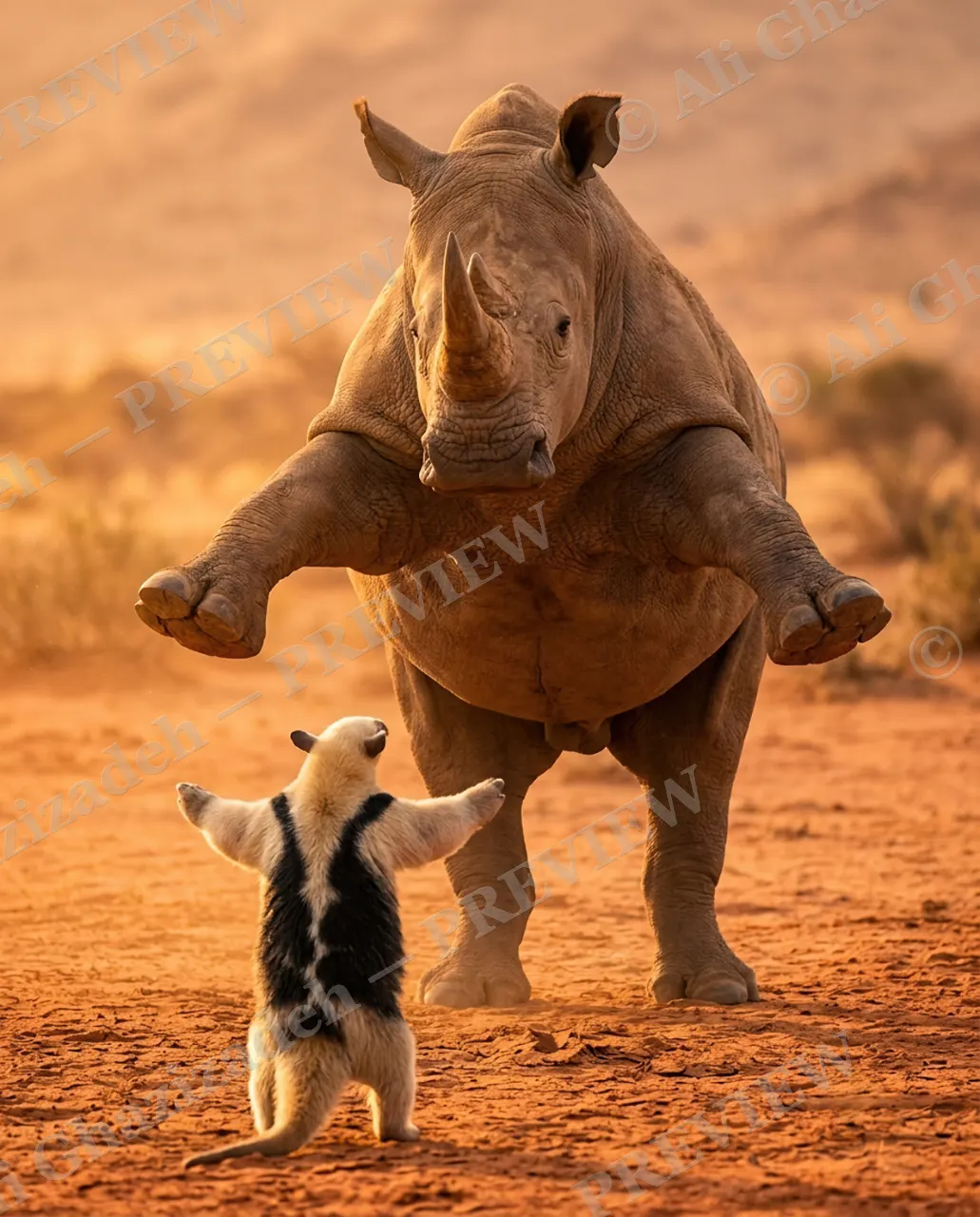 The Big Squeeze — Same Dance Moves — White rhinoceros artwork by Ali Ghazizadeh