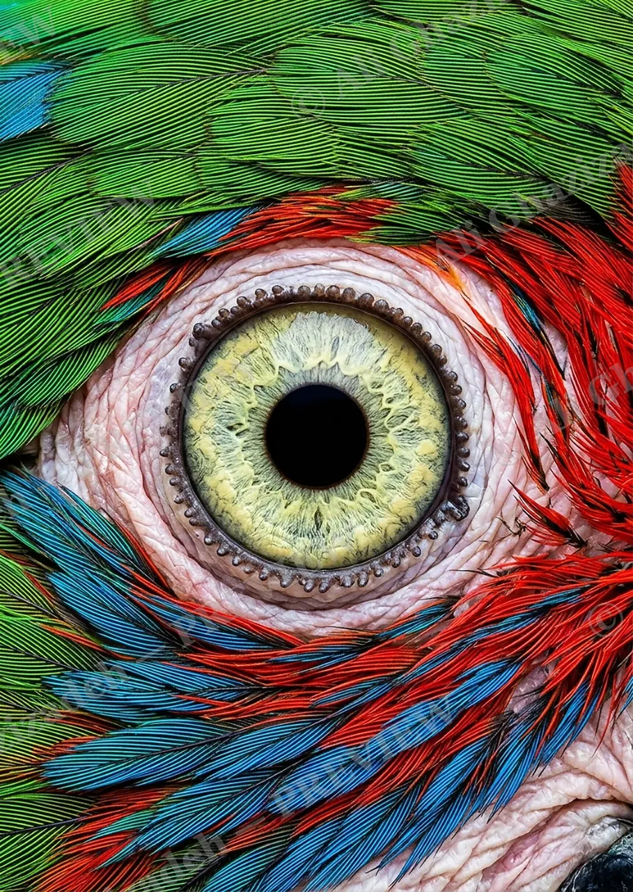 The Eyes Have It — Military Macaw — Turaco artwork by Ali Ghazizadeh