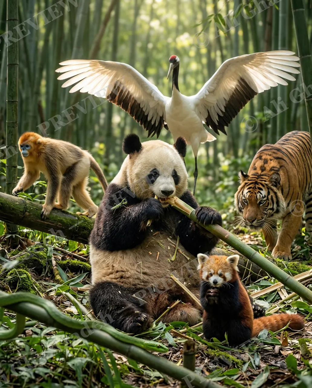 The Usual Suspects — Snack Time, Full House — Giant panda artwork by Ali Ghazizadeh