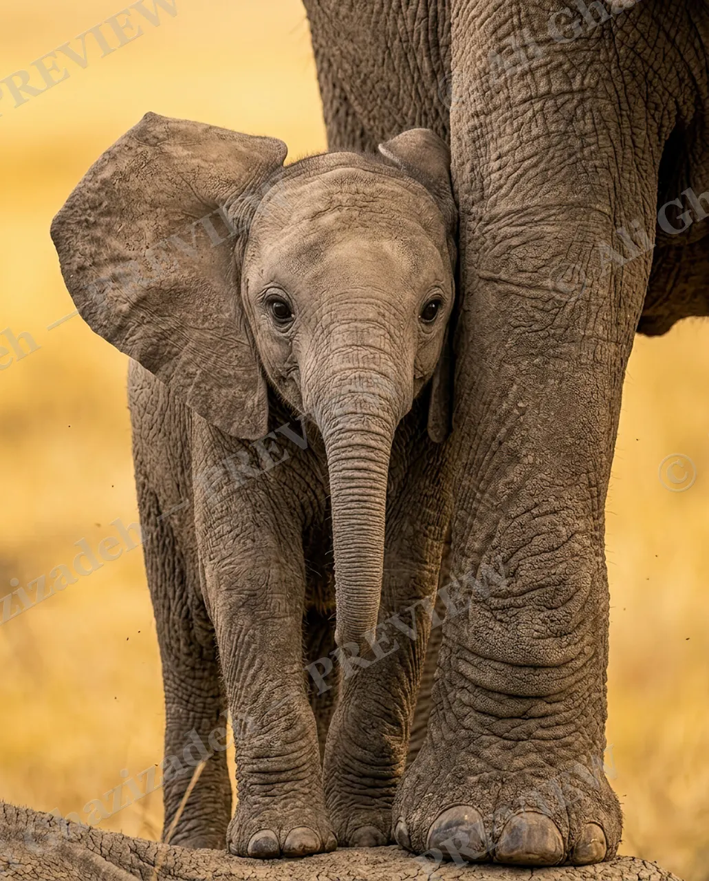 Underfoot — Hiding Behind Mom — African bush elephant artwork by Ali Ghazizadeh