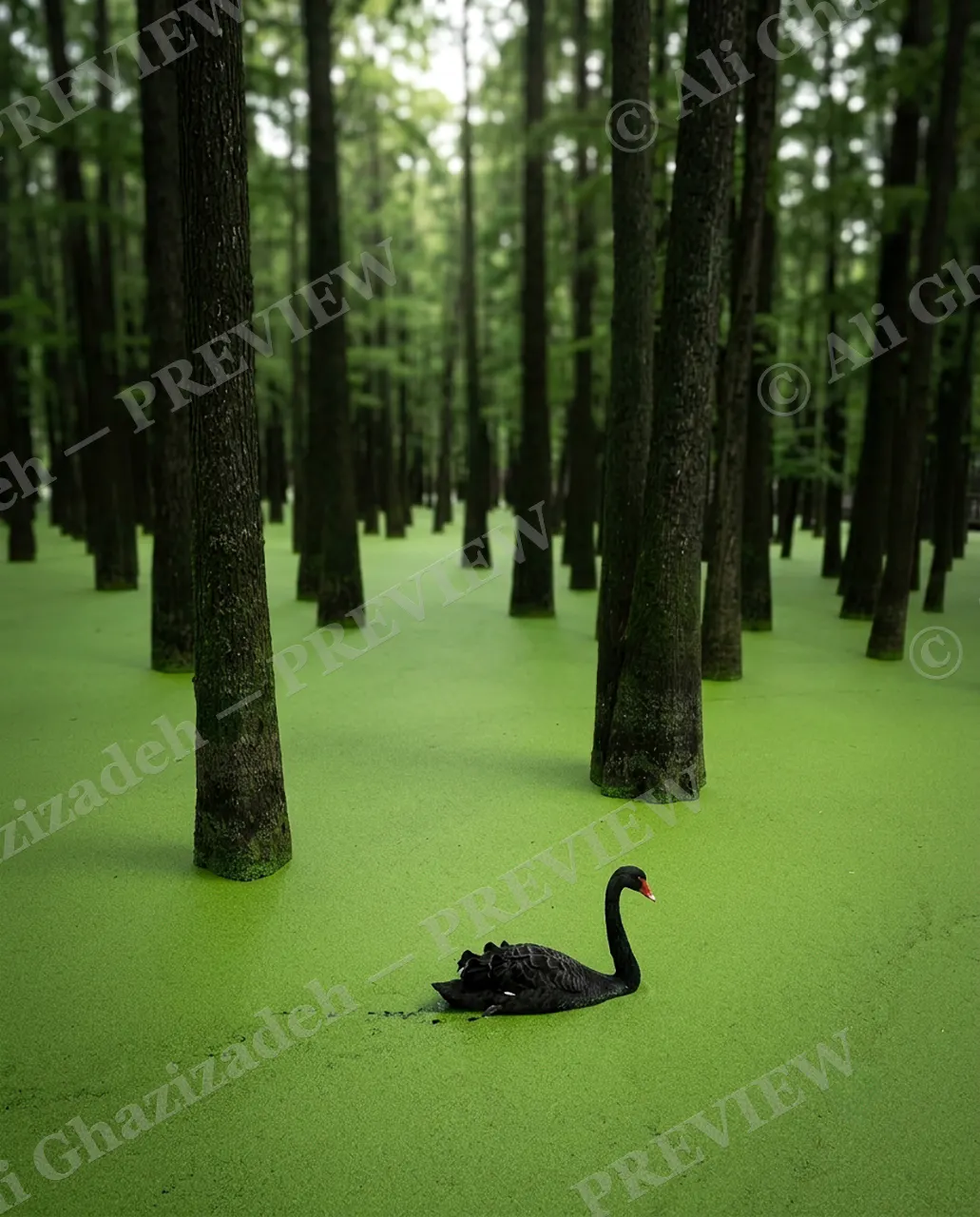 Walking on Water — Flooded Forest — Black swan artwork by Ali Ghazizadeh