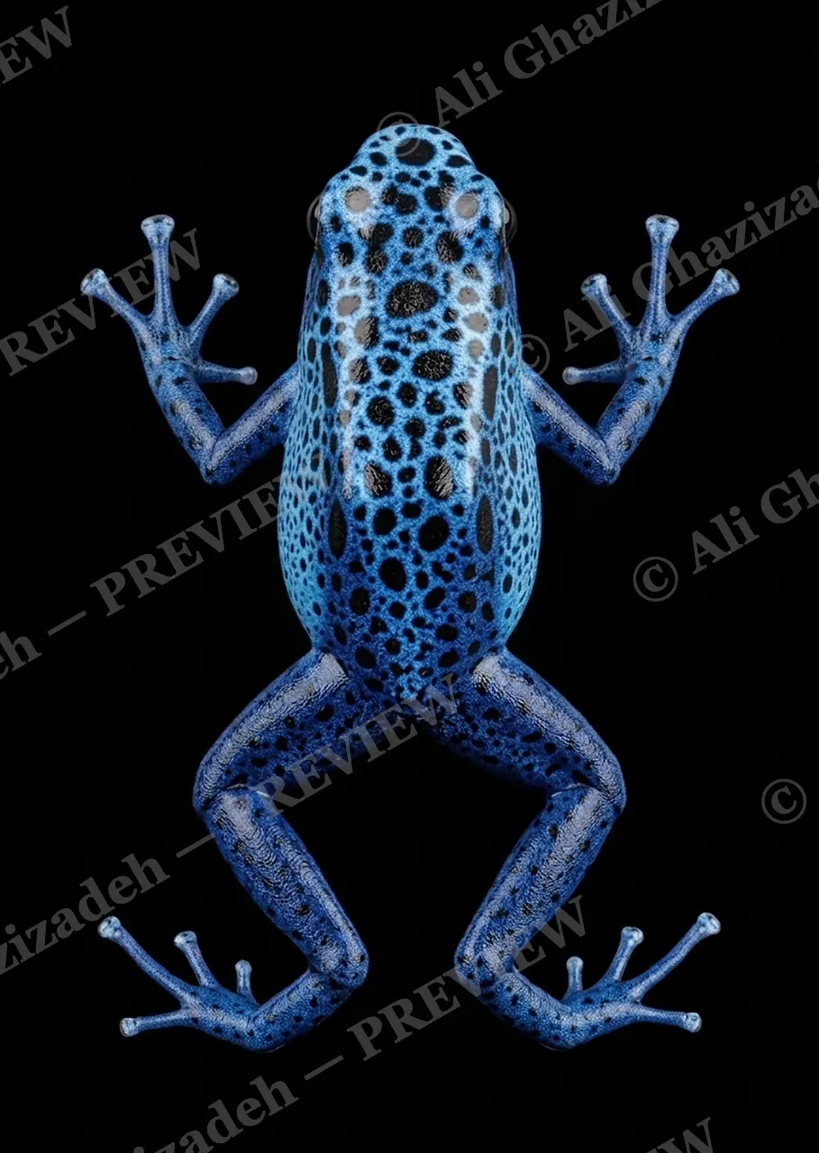 Warning Labels — True Blue — Poison dart frog artwork by Ali Ghazizadeh